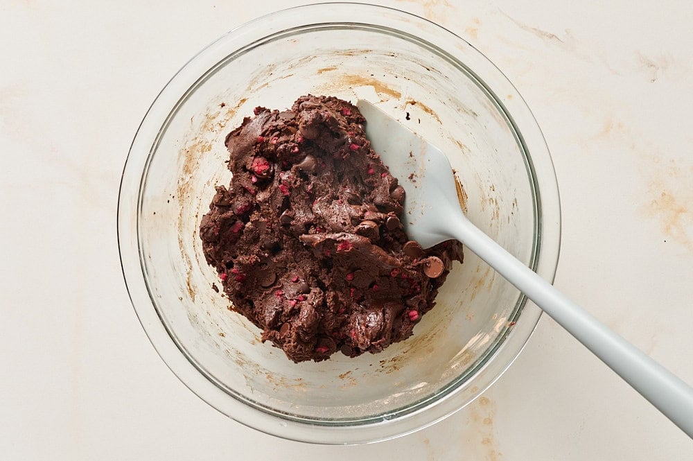 chocolate raspberry truffle cookie dough in bowl before chilling