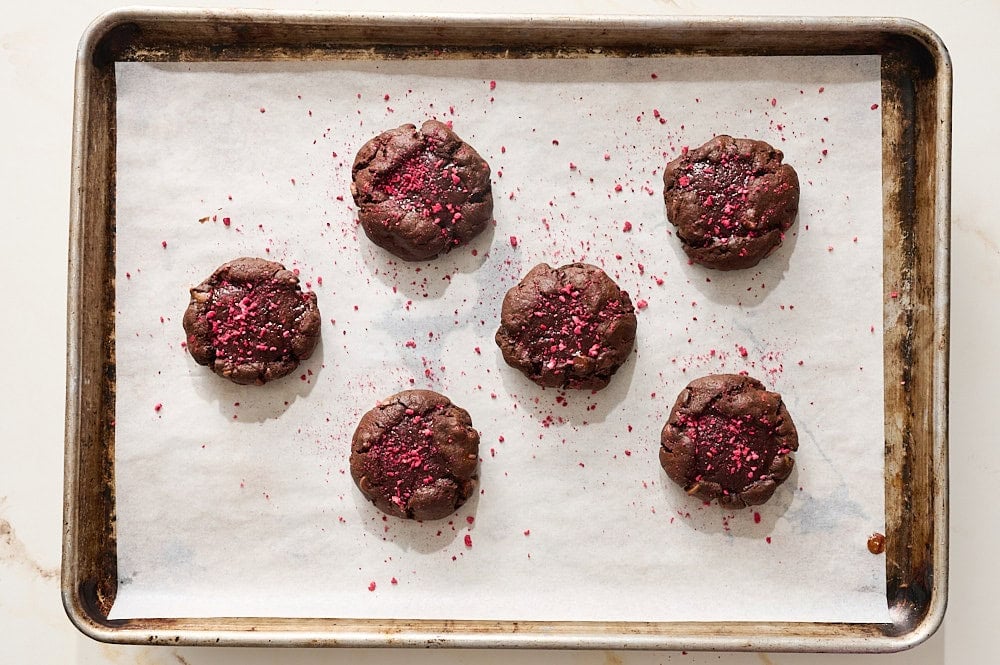 finished cookies on a parchment lined baking tray