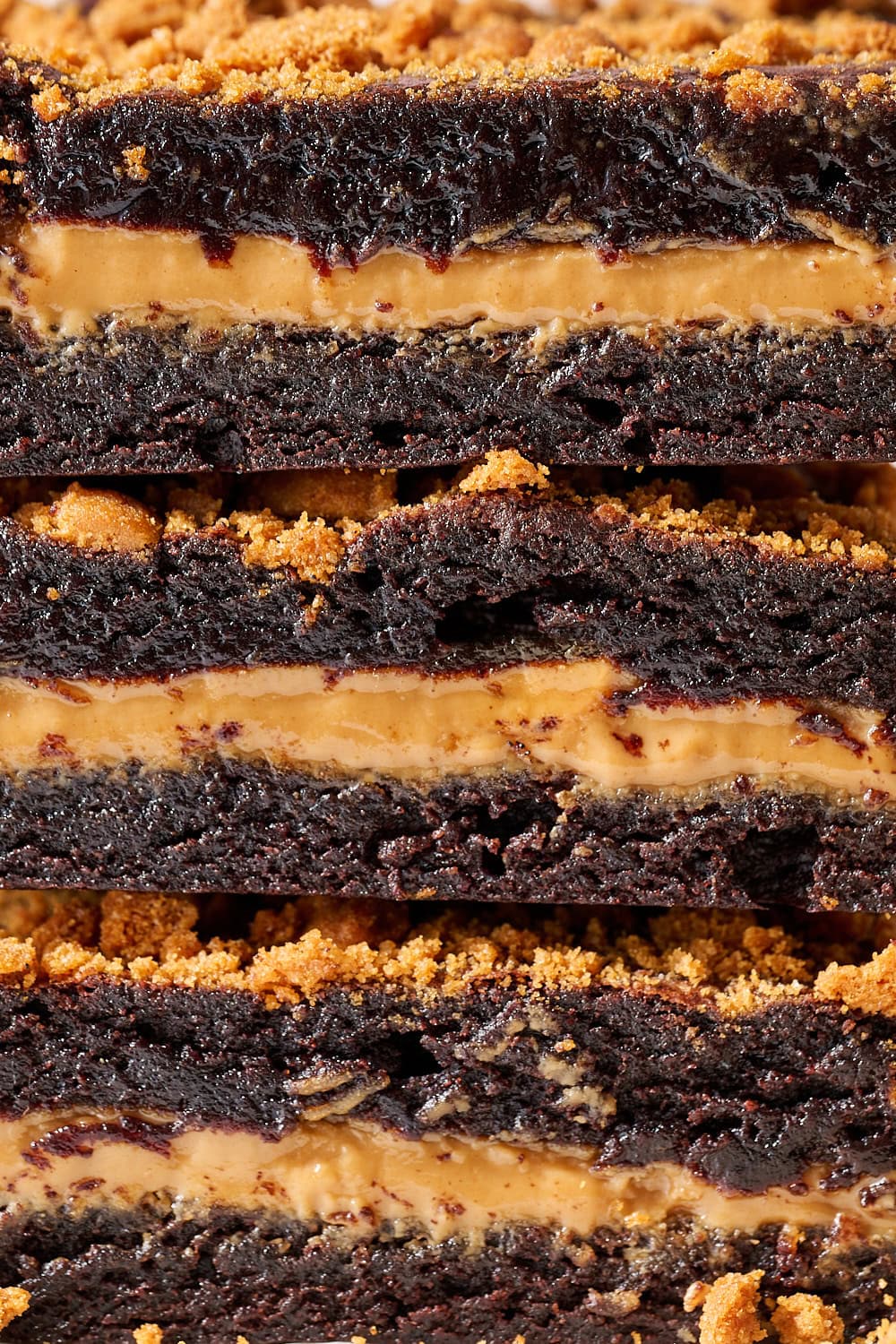 up close macro shot of fudgy and gooey layers of Biscoff brownies