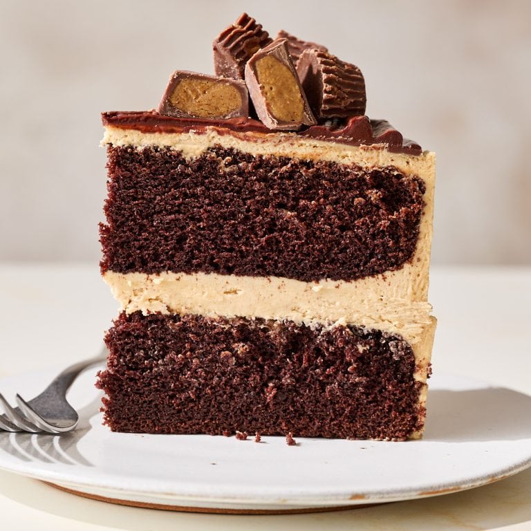 a slice of chocolate peanut butter cake standing tall on a white plate with a fork