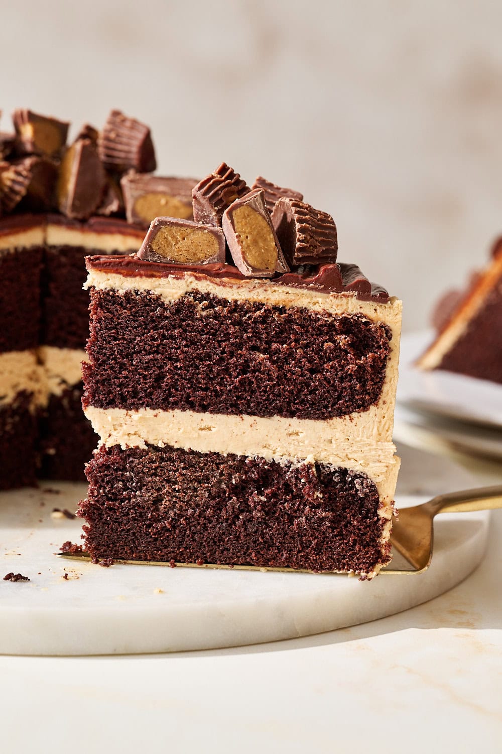 cake server taking a slice of chocolate peanut butter cake away from the whole cake