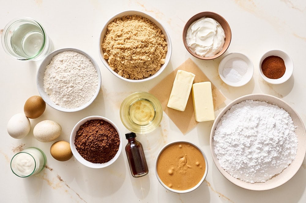 overhead view of all ingredients for chocolate peanut butter cake portioned and ready for baking