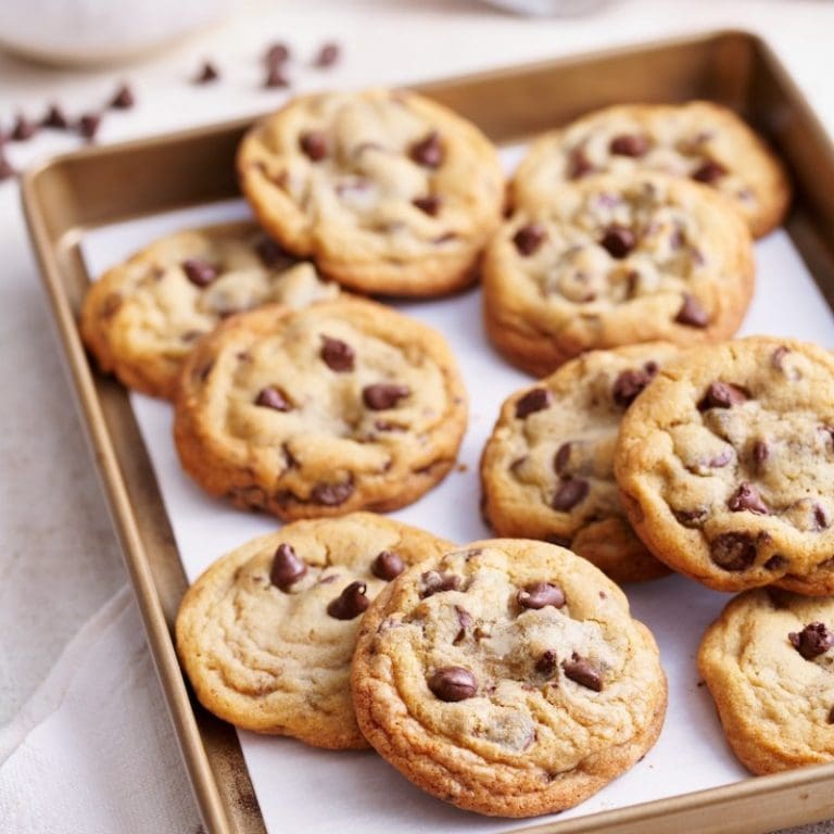 soft bakery-style chocolate chip cookies placed on baking sheet