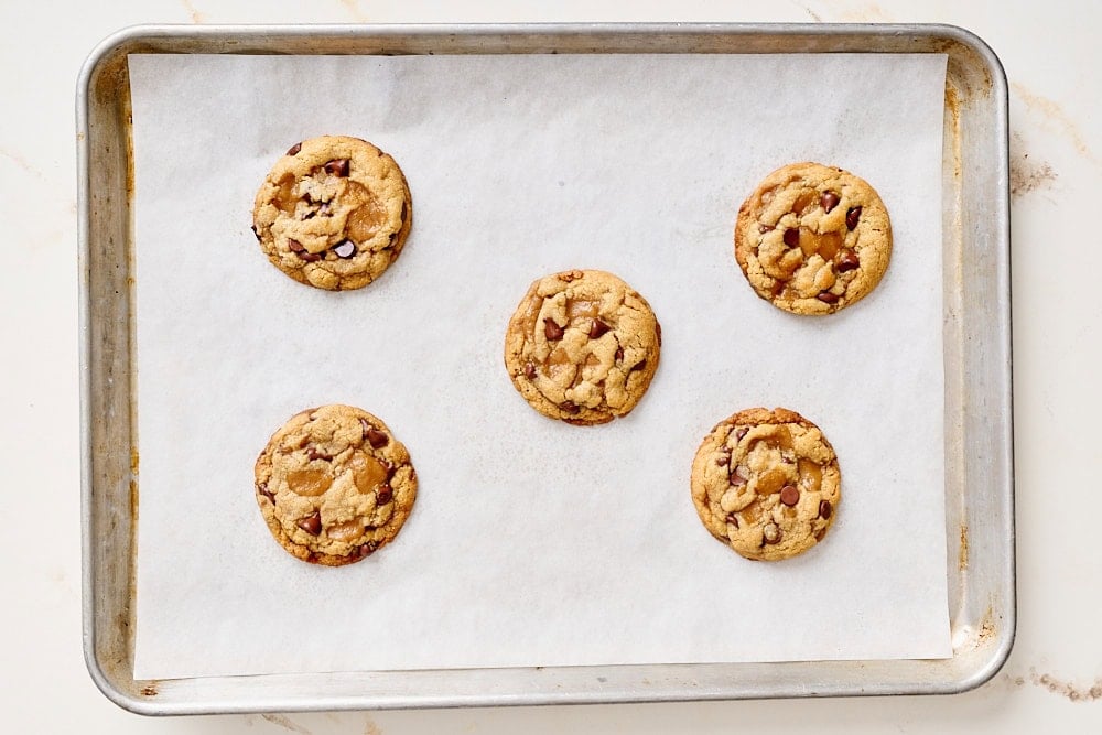 overhead view of 6 freshly baked peanut butter toffee chocolate chip cookies