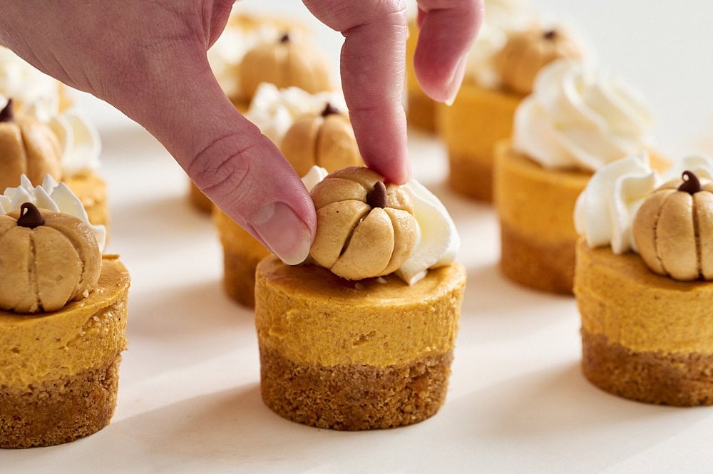 A hand placing a peanut butter pumpkin onto a mini pumpkin cheesecake