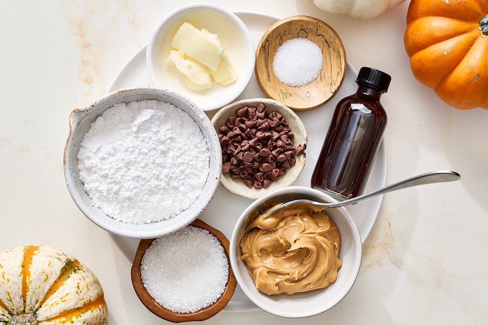 overhead view of ingredients for peanut butter pumpkins